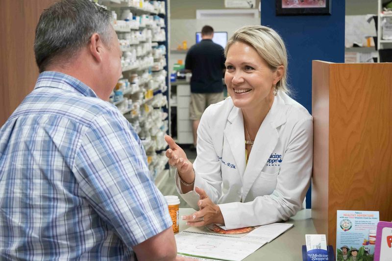 Westlake Village Medicine Shoppe pharmacist helping a patient